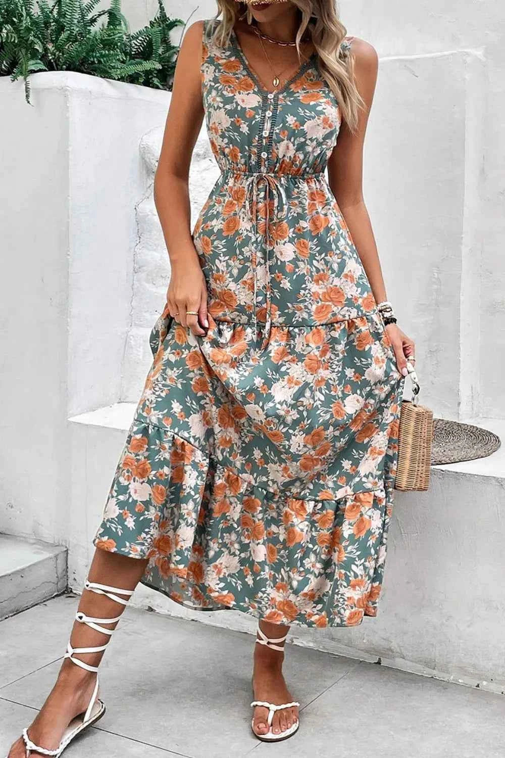 Floral Print Trimmed V Neck Tie Waist Sleeveless Dress Trendsi
