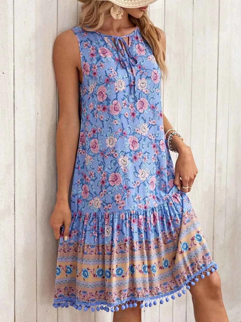 Tie Neck Sleeveless Floral Dress Floral Trendsi