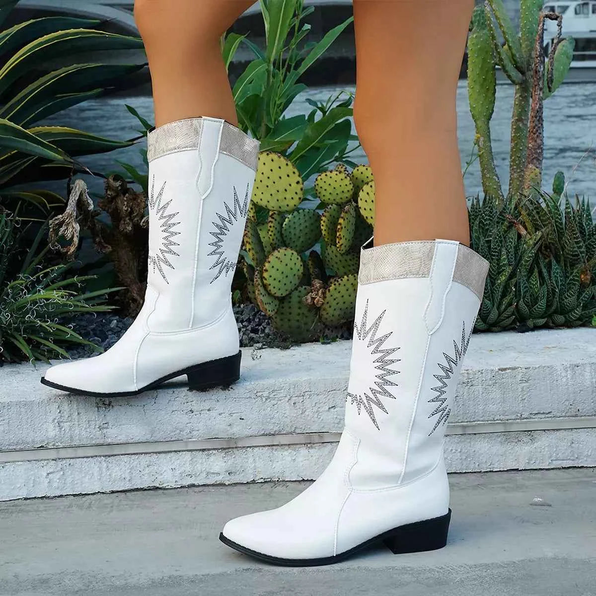 Point Toe Block Heels Boots White Trendsi