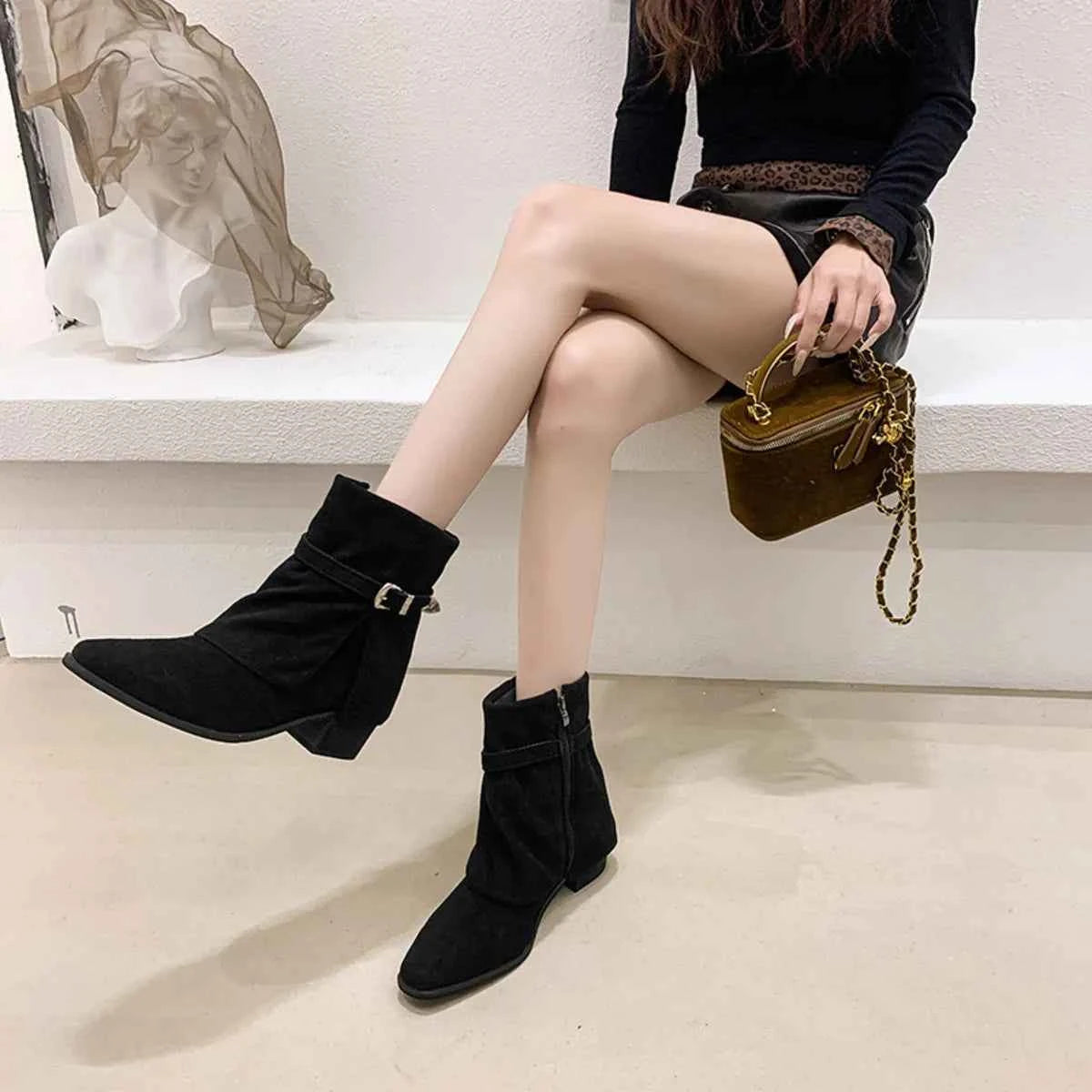 Point Toe Block Heels Boots Black Trendsi