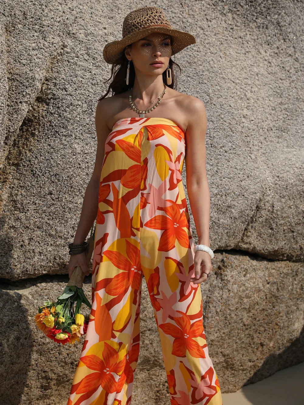 Tied Printed Tube Wide Leg Jumpsuit Trendsi