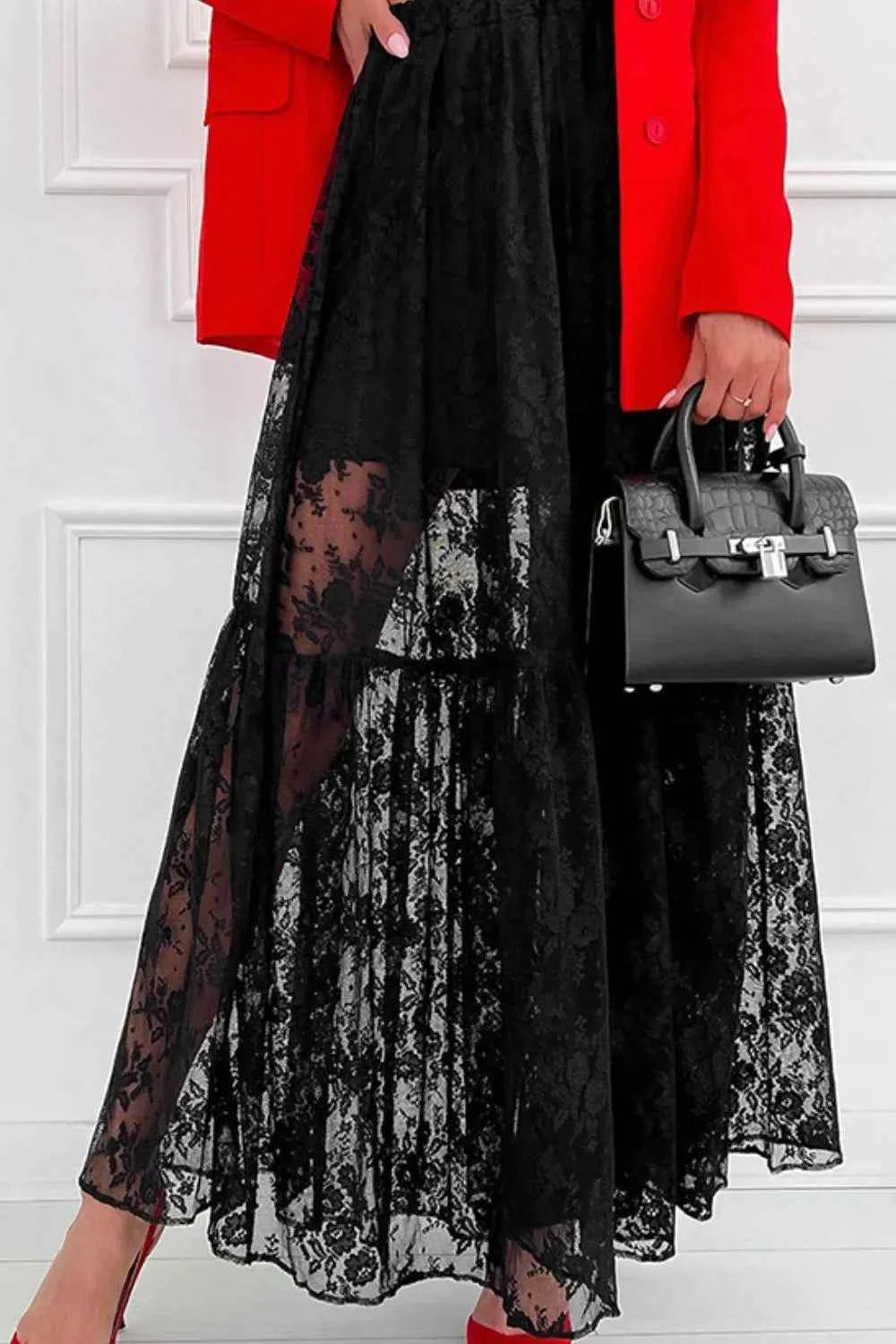 Lace Elastic Waist Maxi Skirt Black Trendsi