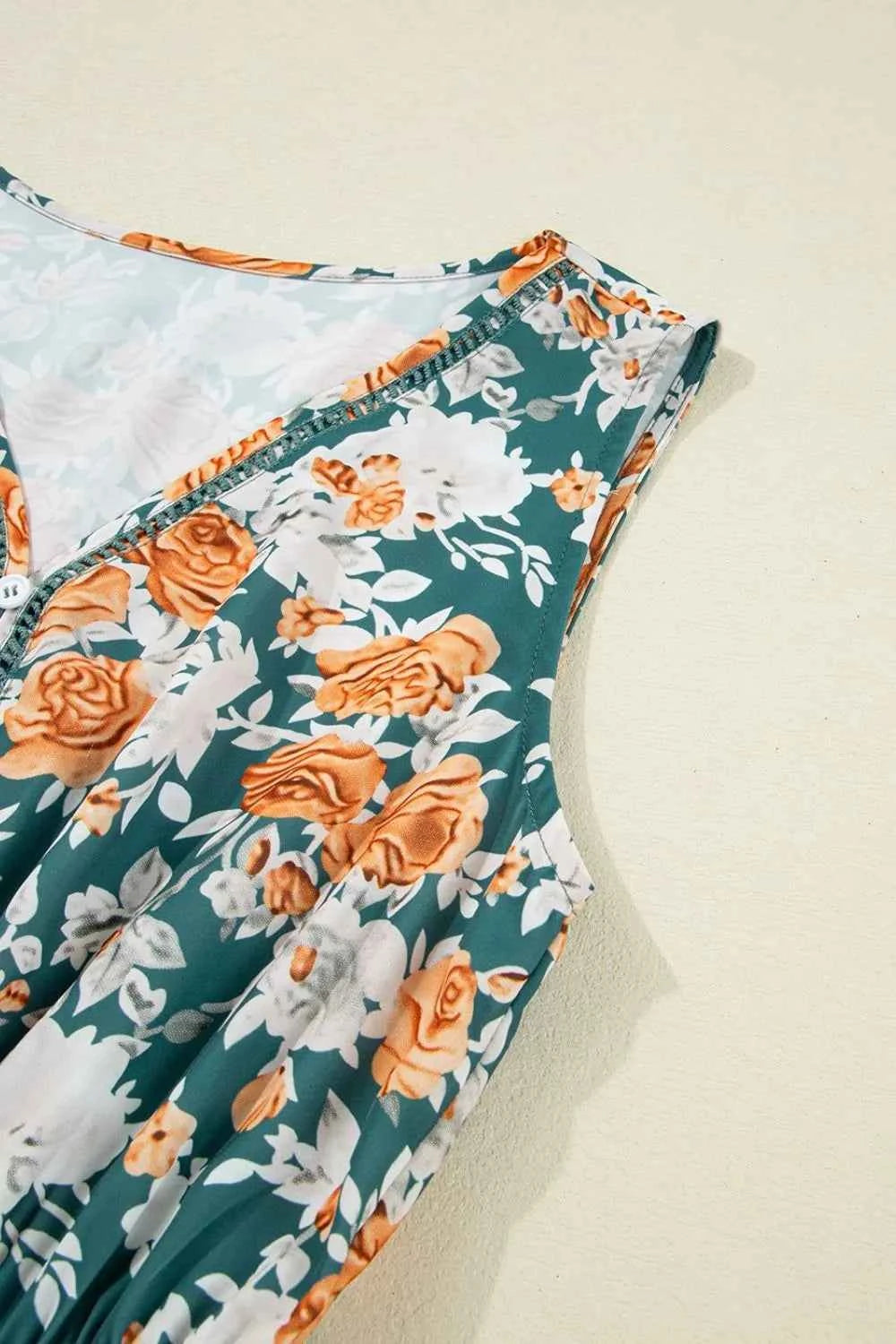 Floral Print Trimmed V Neck Tie Waist Sleeveless Dress Trendsi