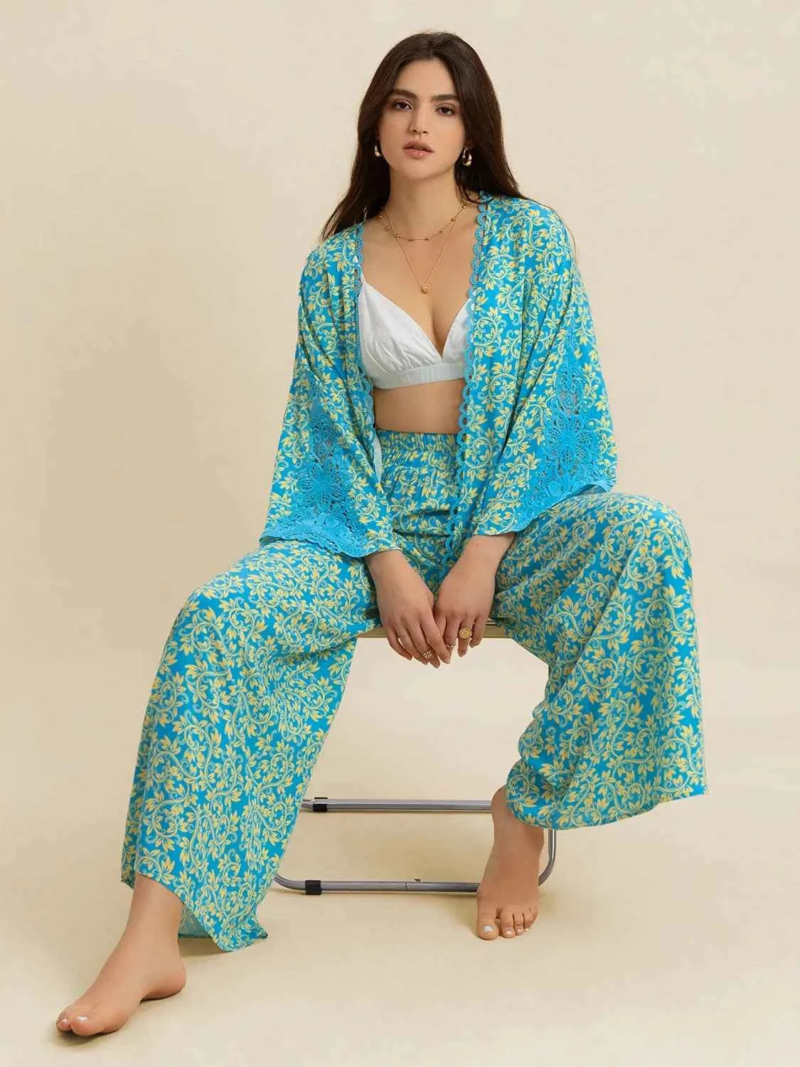 Open Front Printed Top and Pants Set Trendsi