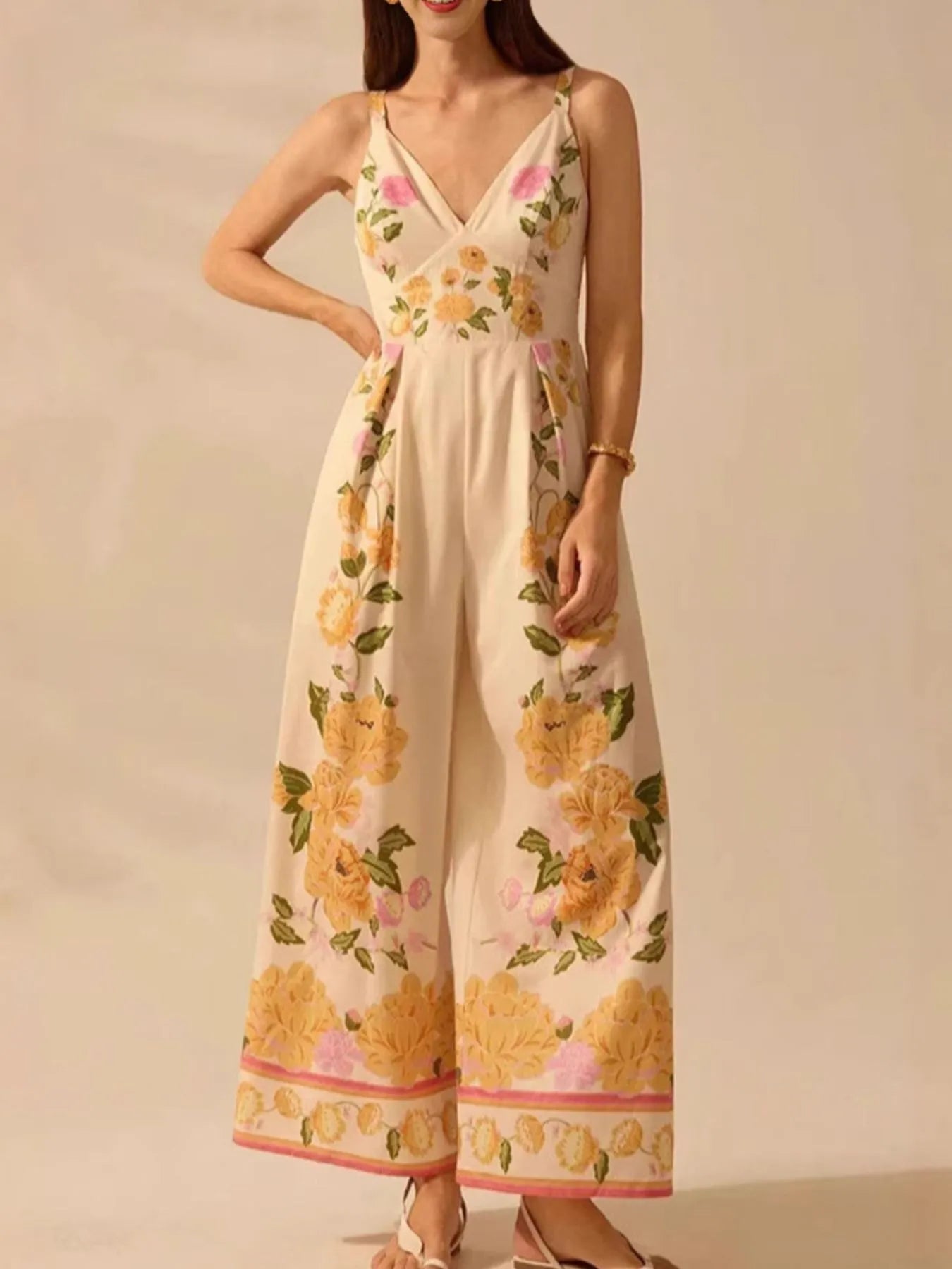 Floral Print Wide-Leg V-Neck Cami Jumpsuit Trendsi