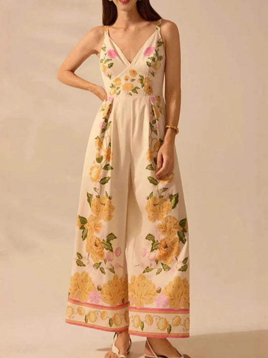 Floral Print Wide-Leg V-Neck Cami Jumpsuit Trendsi