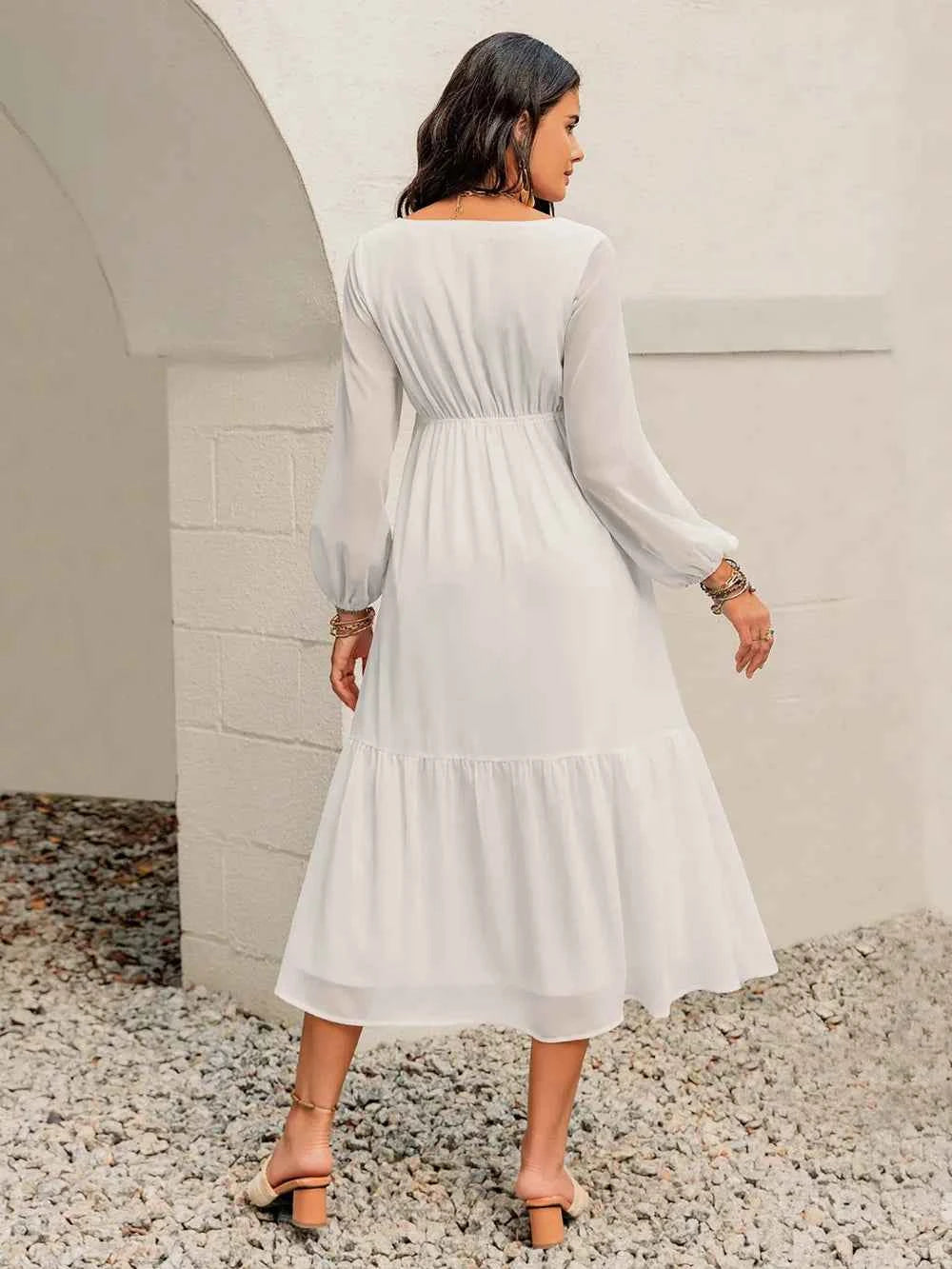 Printed Square Neck Balloon Sleeve Dress Trendsi