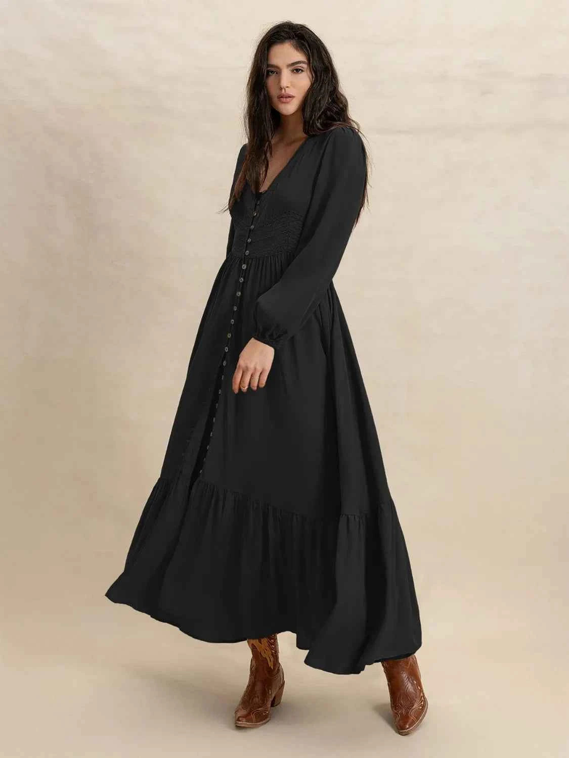 Boho V-Neck Long Sleeve Dress Trendsi