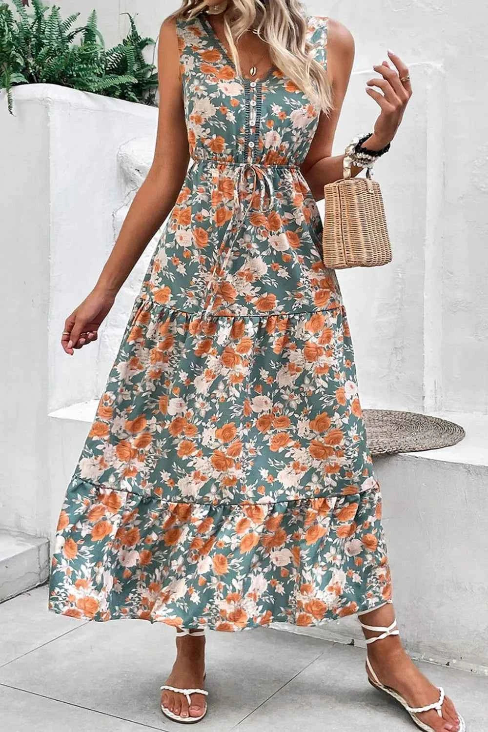 Floral Print Trimmed V Neck Tie Waist Sleeveless Dress Trendsi