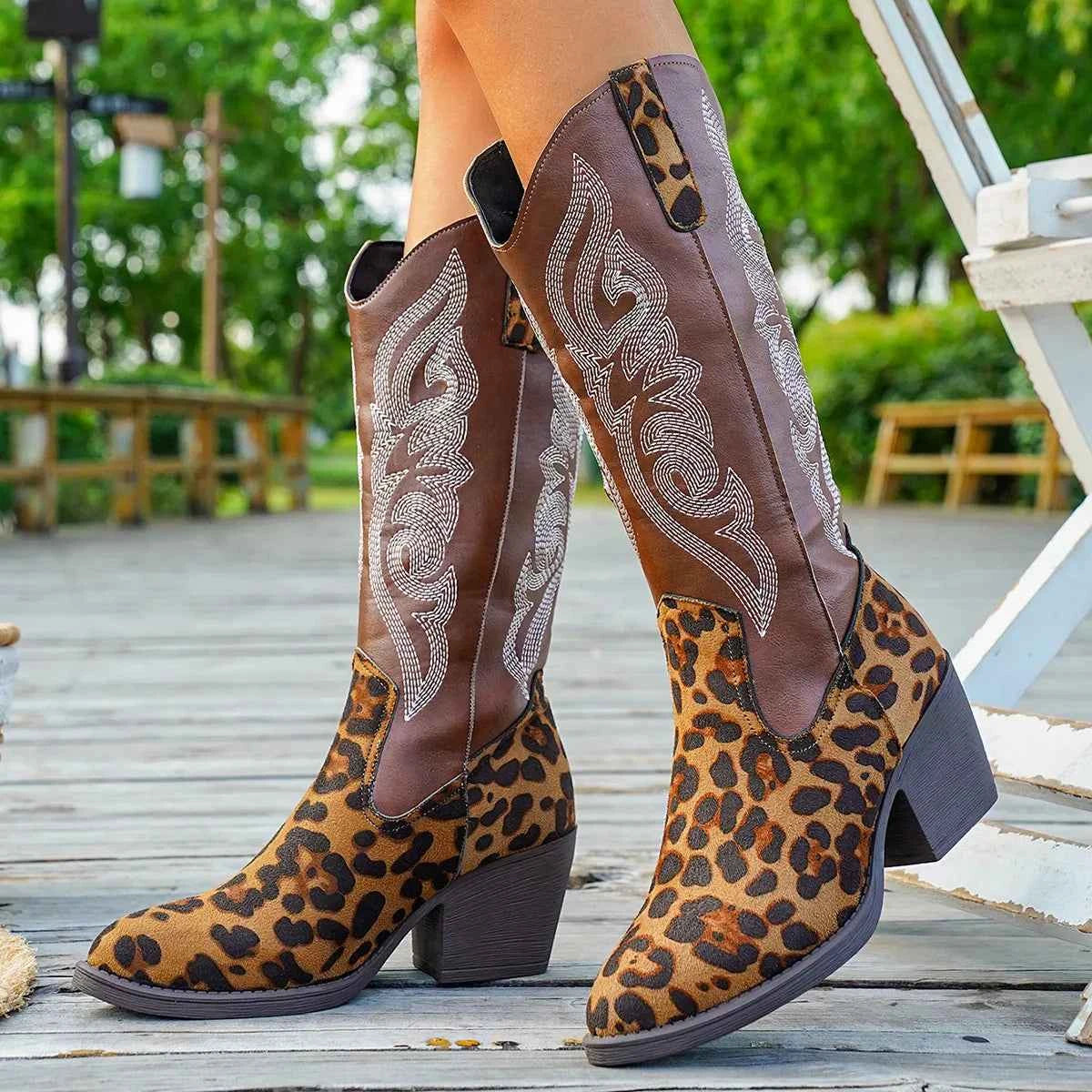 Western Embroidered Mid-Calf Boots Trendsi