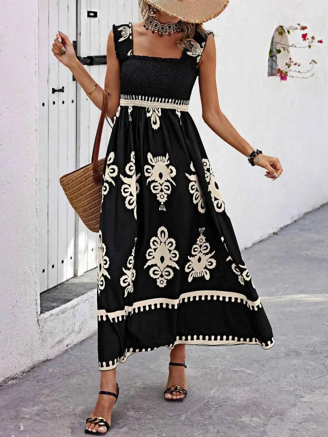 Smocked Printed Wide Strap Maxi Dress Trendsi