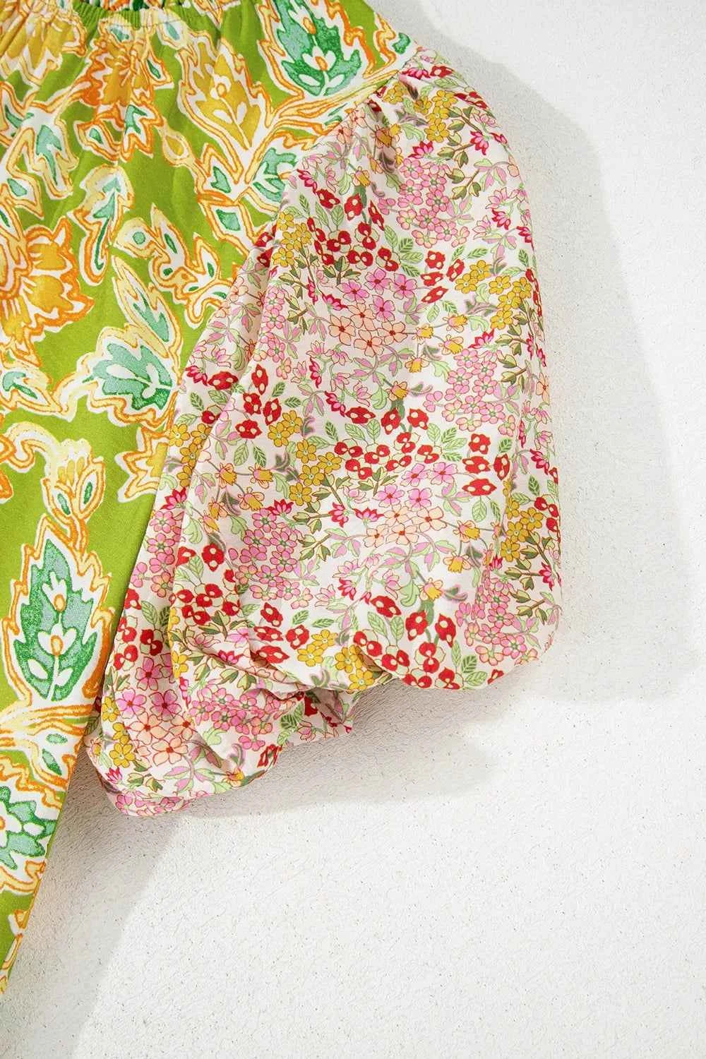 Multicolour Printed Blouse with Contrast Bubble Sleeve Patchwork Trendsi