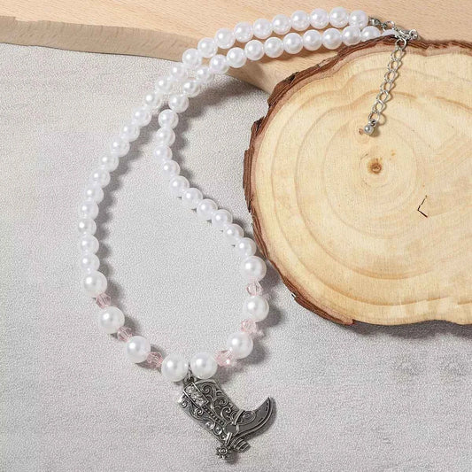 Pearl Beaded Cowboy Boot Necklace Trendsi