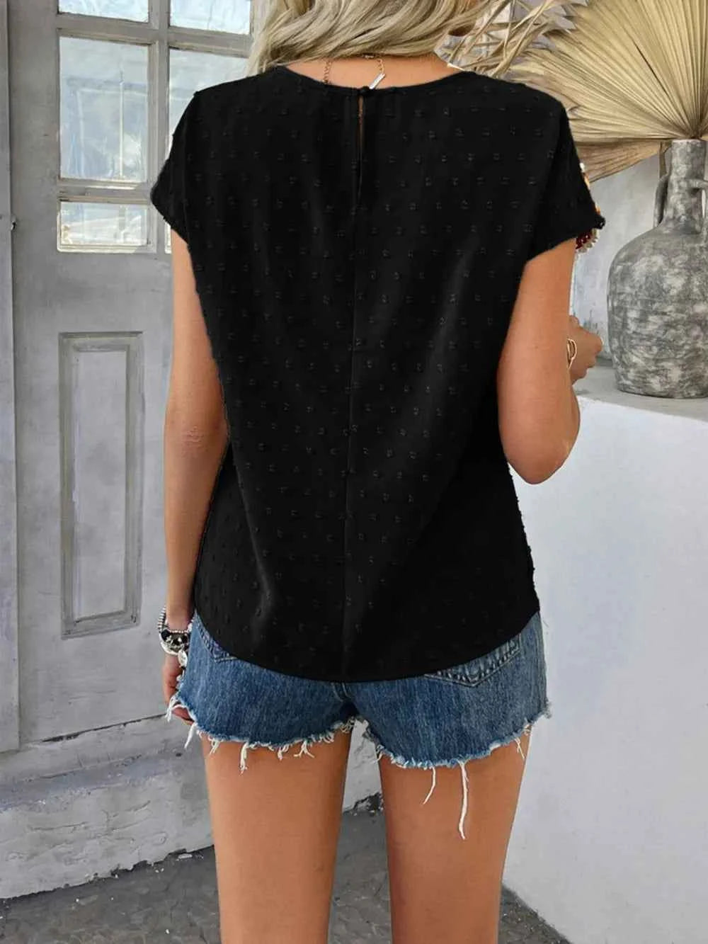 Devine Swiss Dot Round Neck Crochet Short Sleeve Top Trendsi