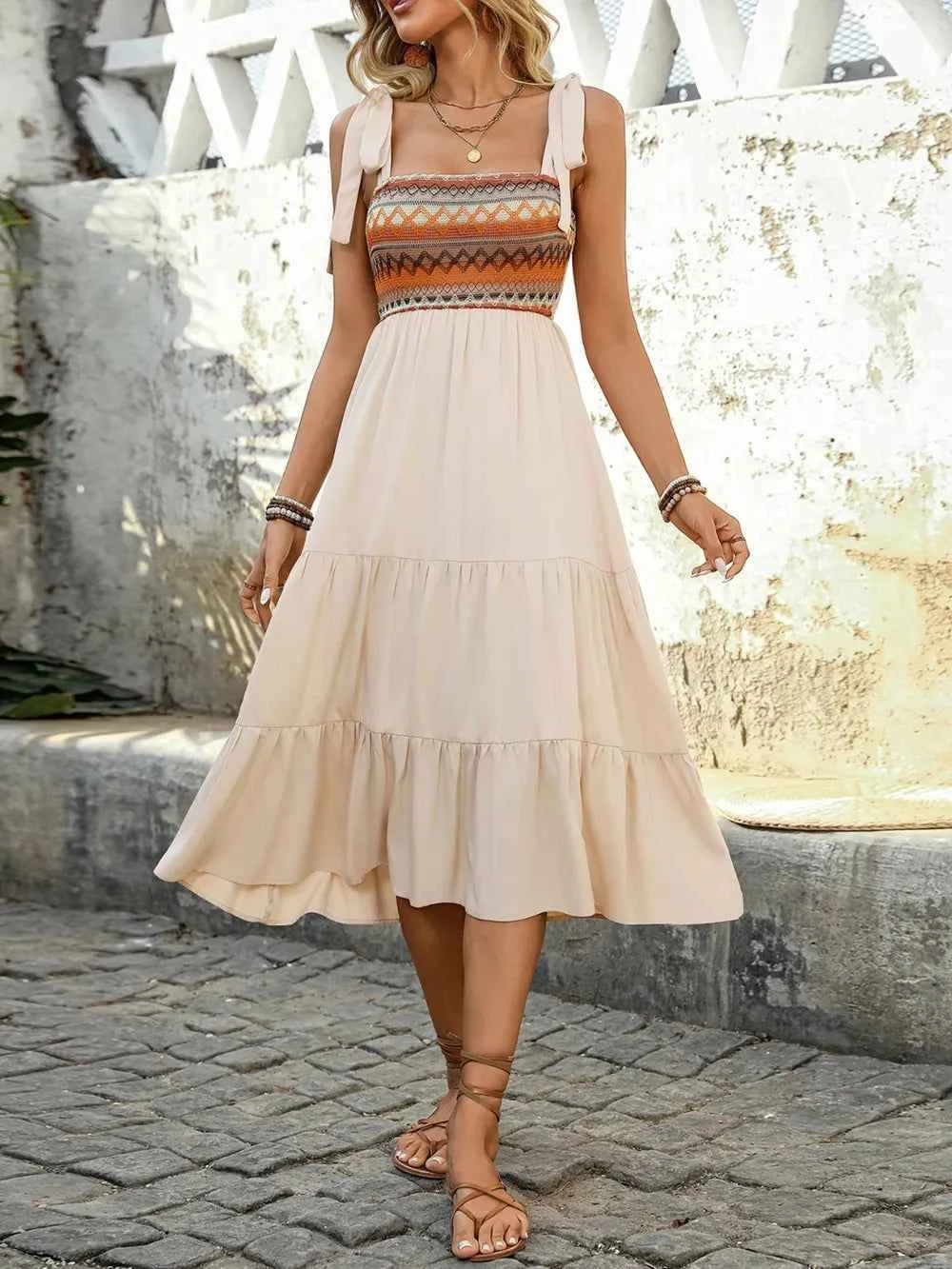 Tie Shoulder Square Neck Tiered Midi Dress Trendsi