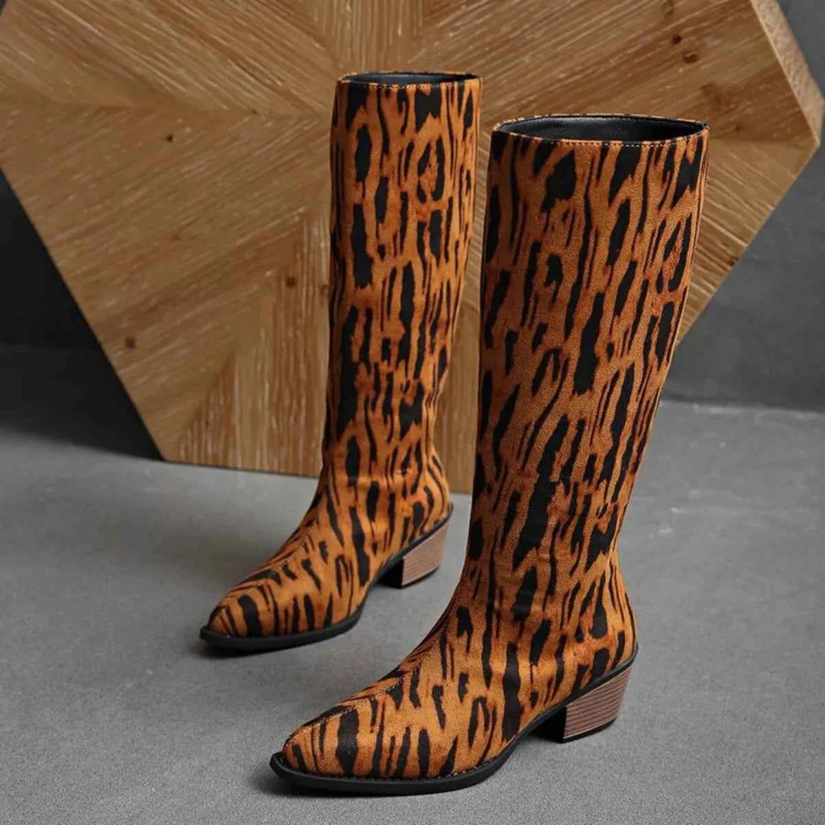Animal Print Point Toe Block Heels Boots Trendsi