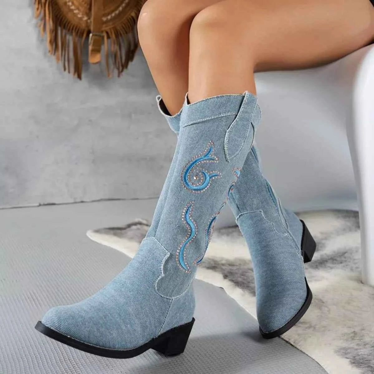 Embroidered Point Toe Block Heels Boots Light Blue Trendsi