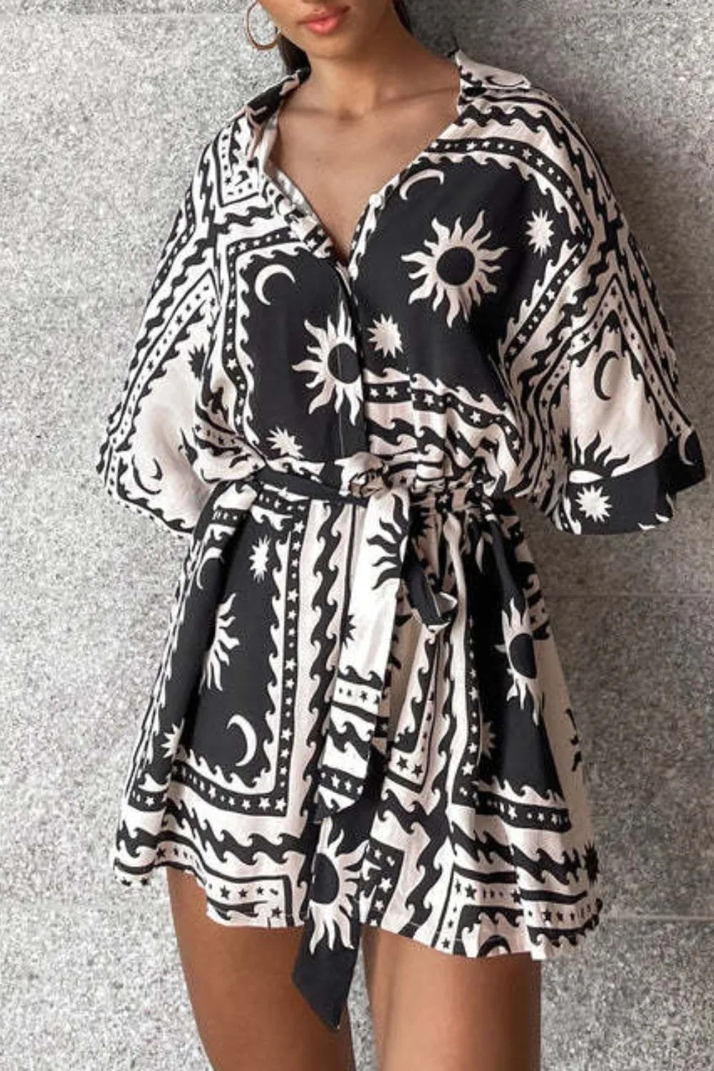 Printed Tie Waist Romper Trendsi