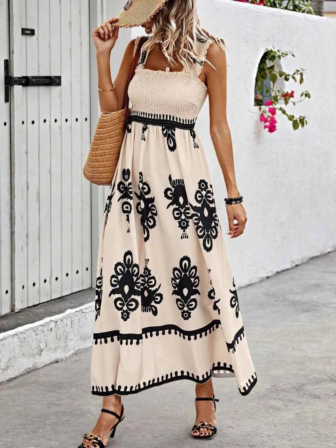 Smocked Printed Wide Strap Maxi Dress Tan Trendsi
