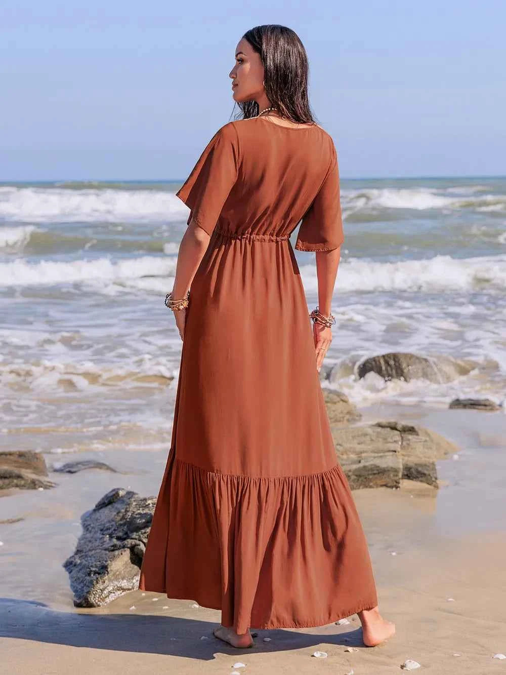 Ruffled Tassel V-Neck Flutter Sleeve Dress Trendsi
