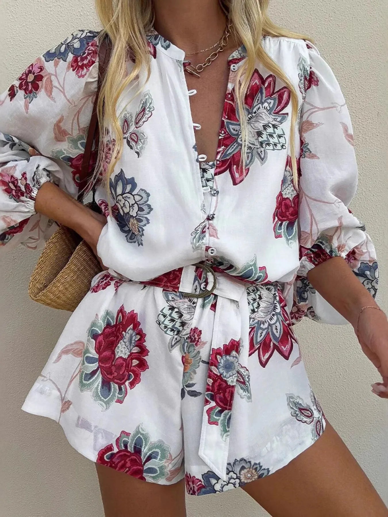 Floral Print Long Sleeve Romper White Trendsi