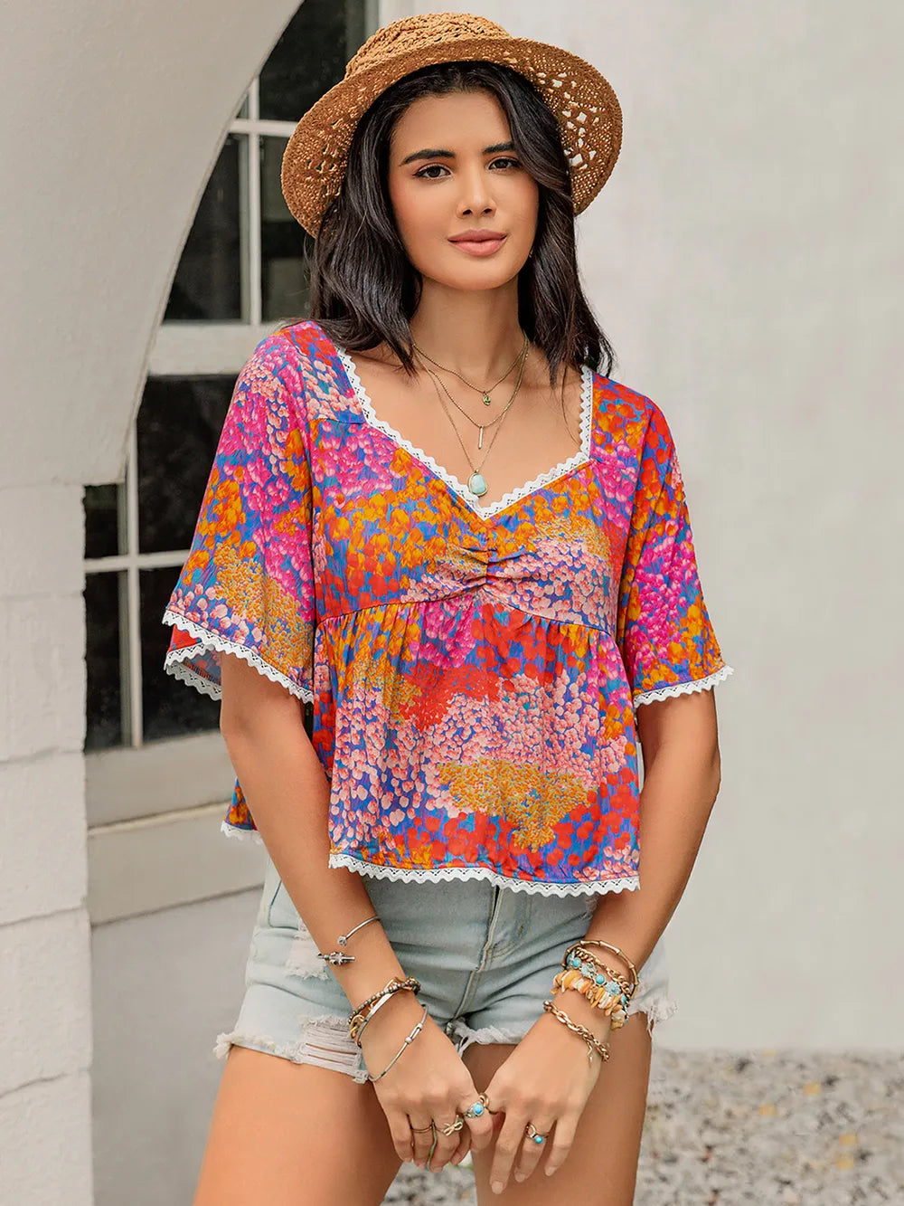 Ruched Printed Half Sleeve Blouse Trendsi