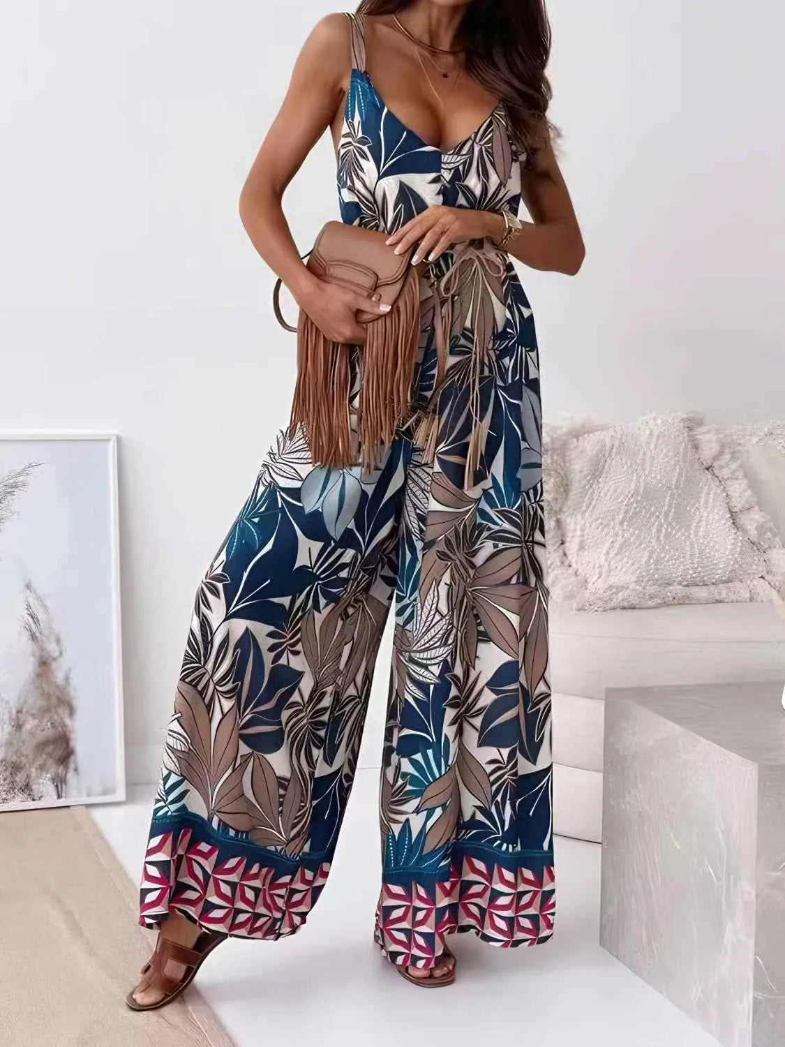 Printed V-Neck Wide Leg Jumpsuit French Blue Trendsi
