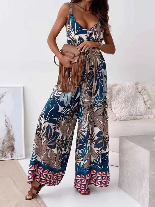 Printed V-Neck Wide Leg Jumpsuit French Blue Trendsi