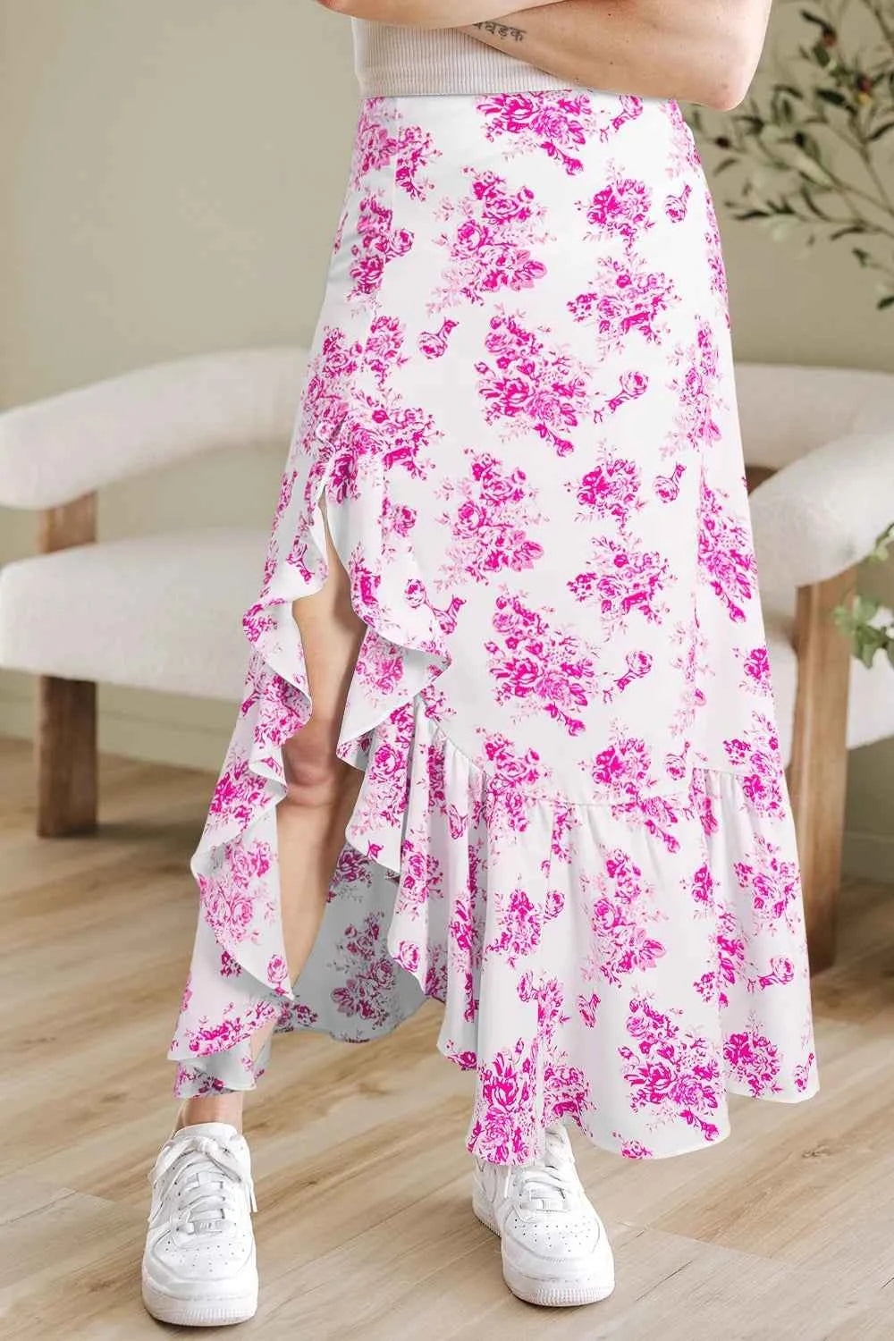 Boho Maxi Skirt with Floral Design and Ruffle Split Hem Trendsi