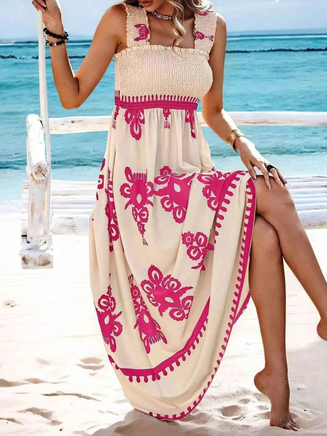Smocked Printed Wide Strap Maxi Dress Trendsi