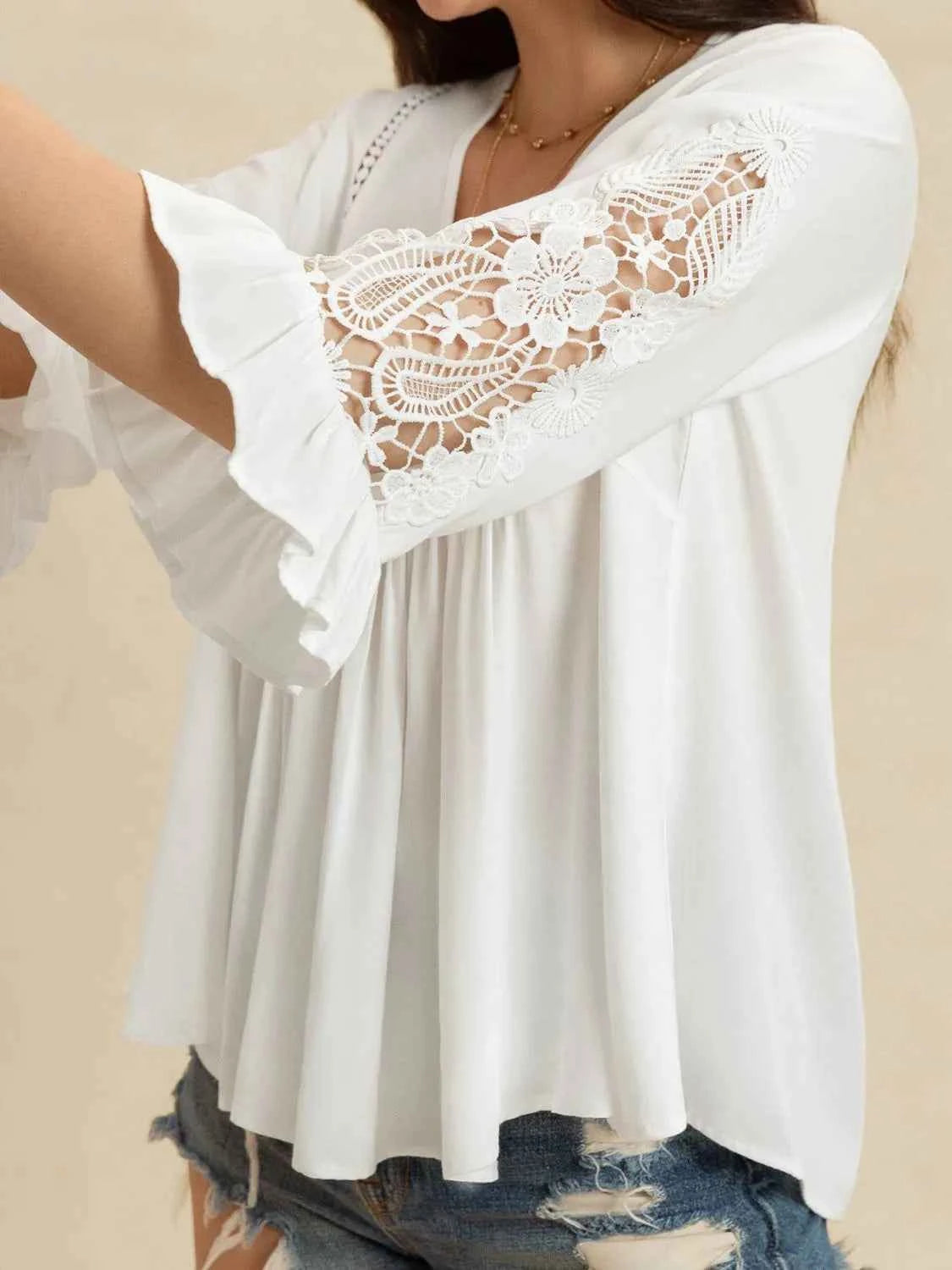 V-Neck Lace Flounce Sleeve Top Trendsi