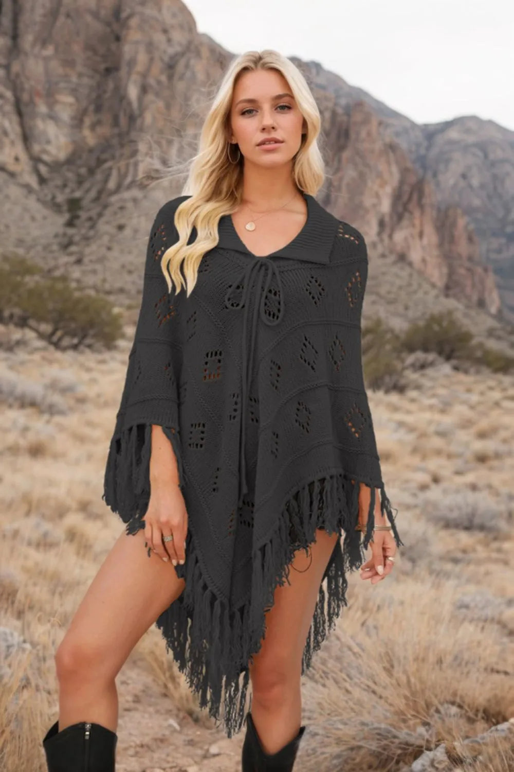 Tassel Hem Knit Cover Up Black Trendsi