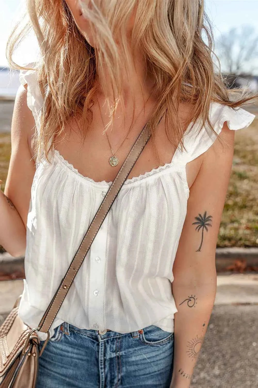 Lace Detail Ruffled Buttoned Loose Fit Tank Top Trendsi