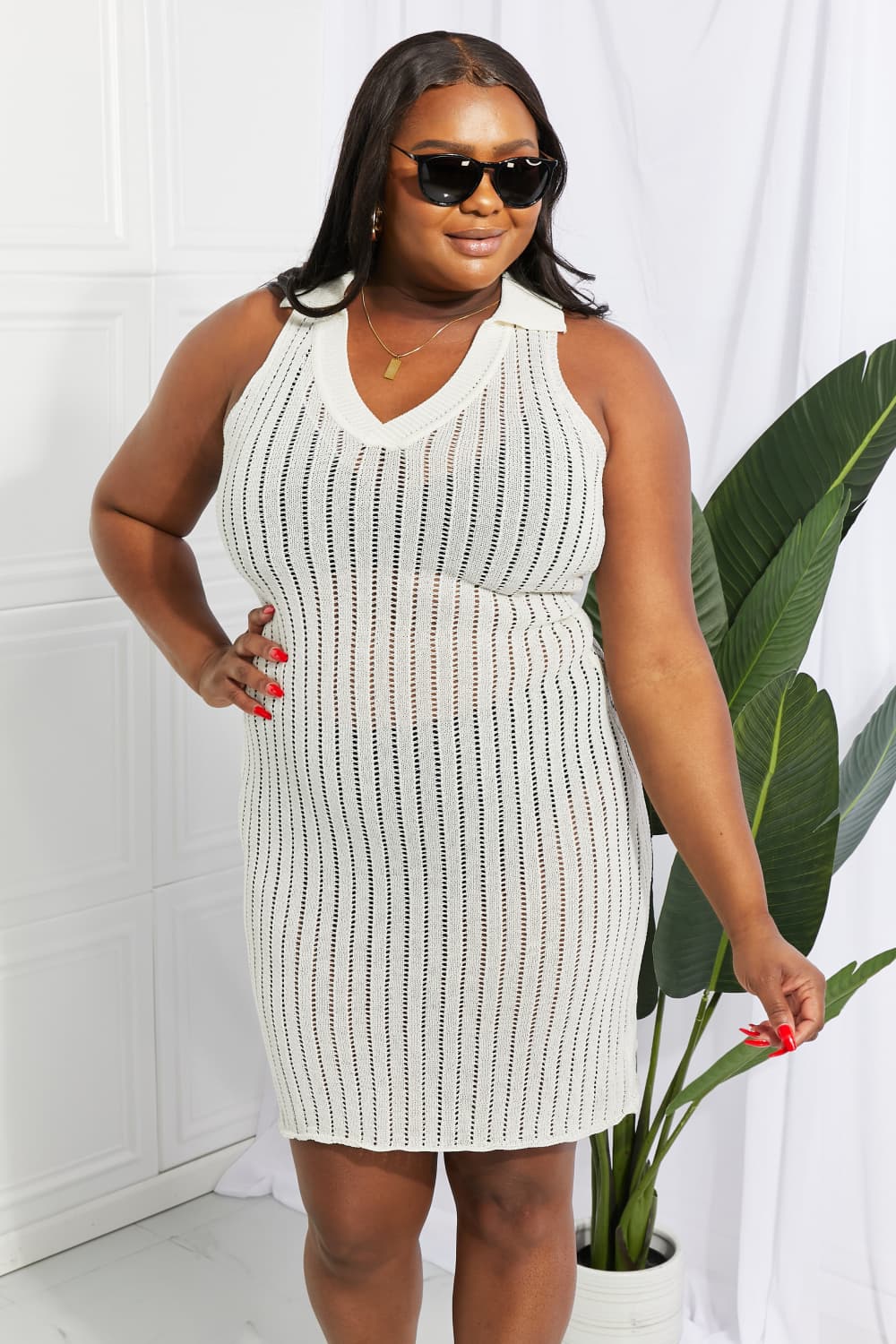 Openwork Johnny Collar Cover Up Dress Trendsi