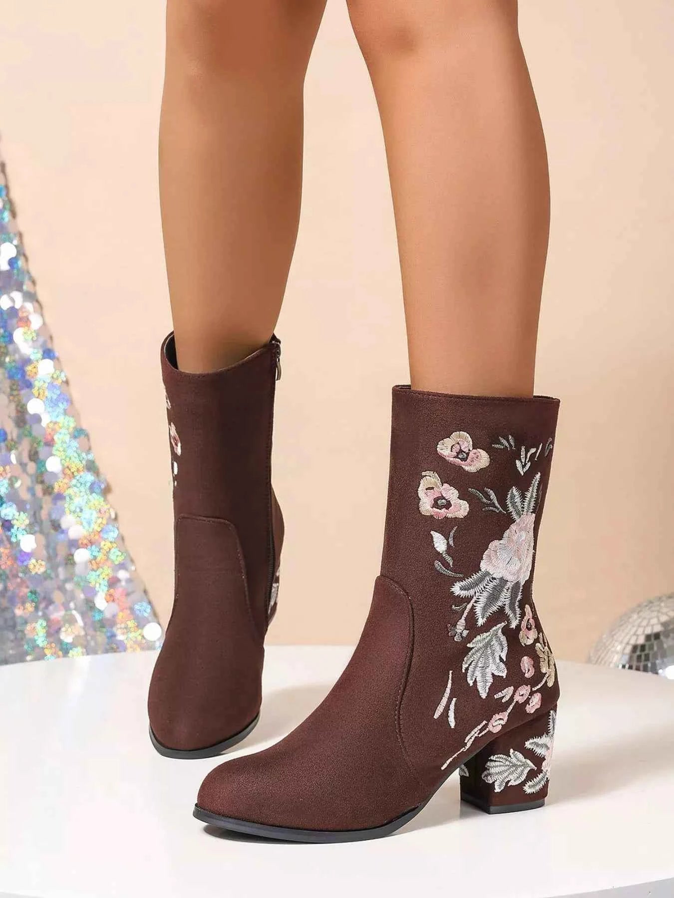 Floral Embroidered Block Heel Boots Trendsi