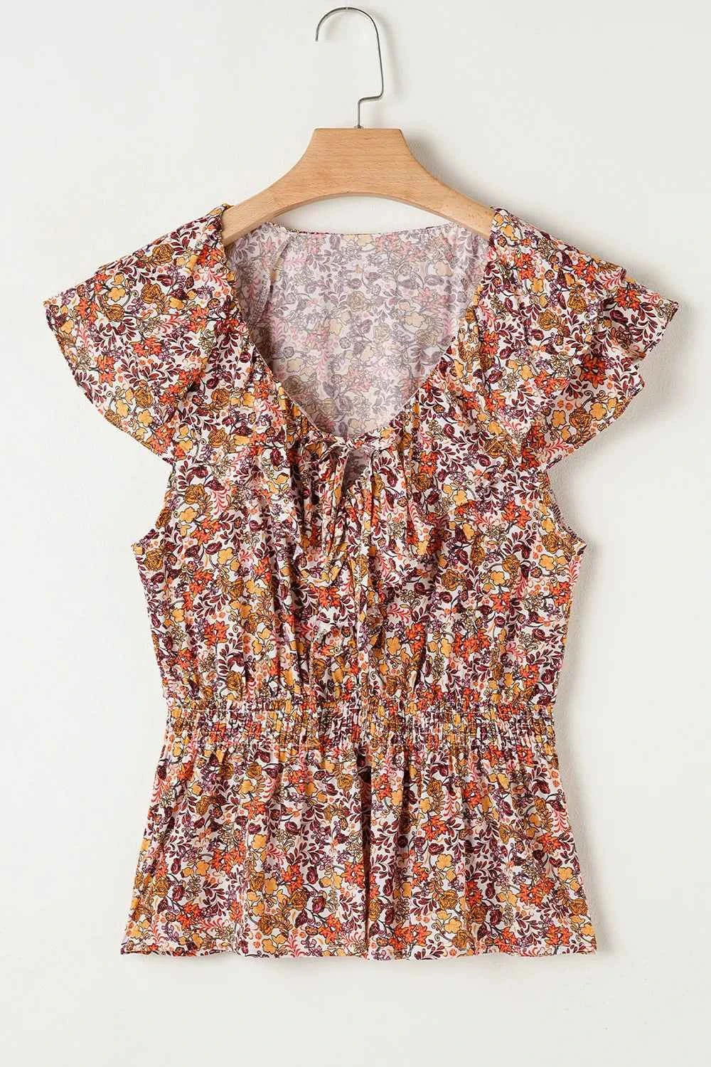 Floral Print Knot V Neck Ruffled Sleeve Blouse Trendsi