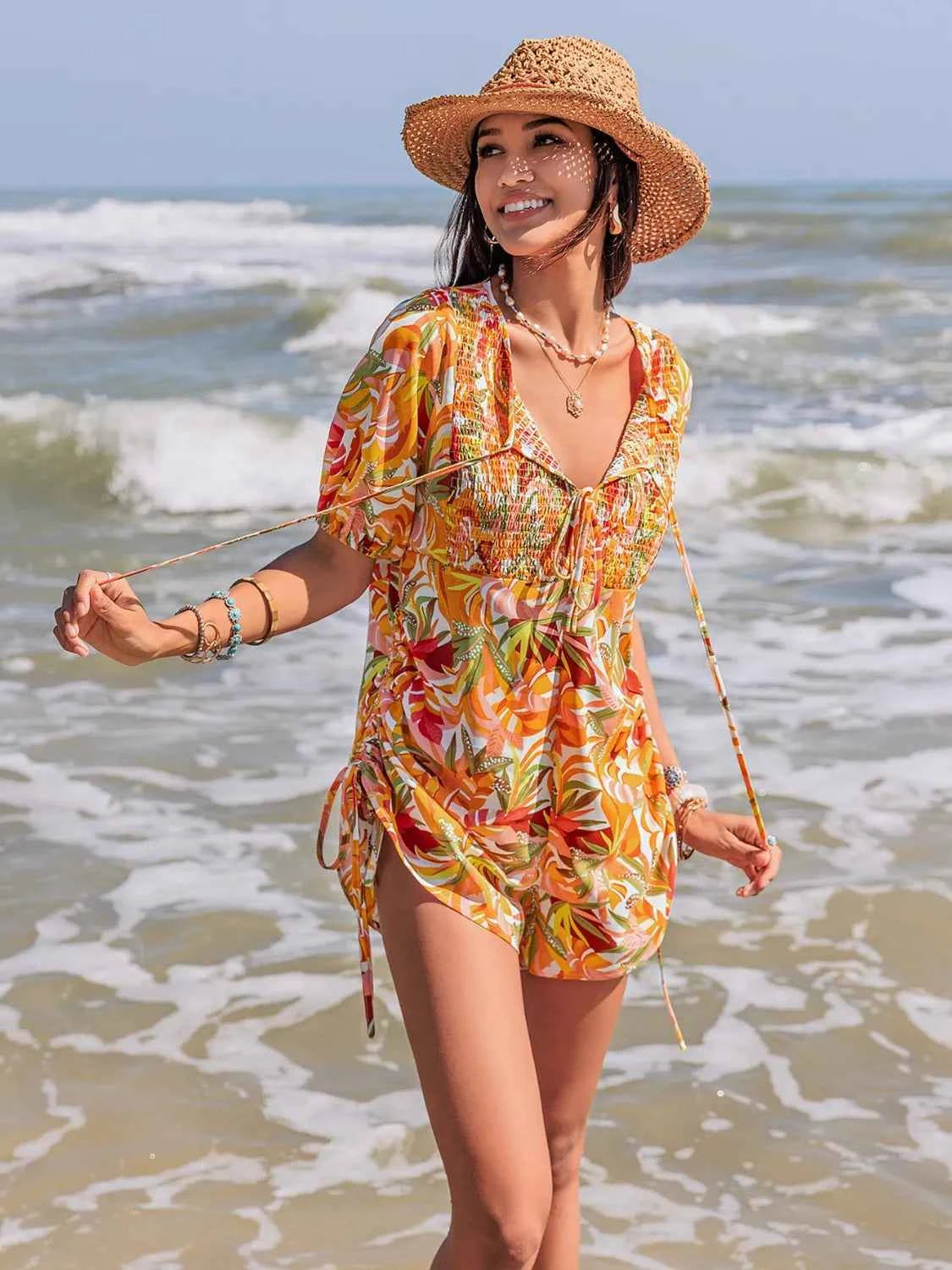 Smocked Printed Tie Neck Romper Trendsi