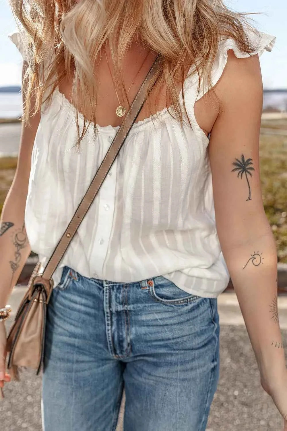 Lace Detail Ruffled Buttoned Loose Fit Tank Top Trendsi