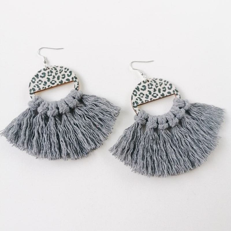 Tassel Detail Leopard Drop Earrings Dark Gray One Size Trendsi