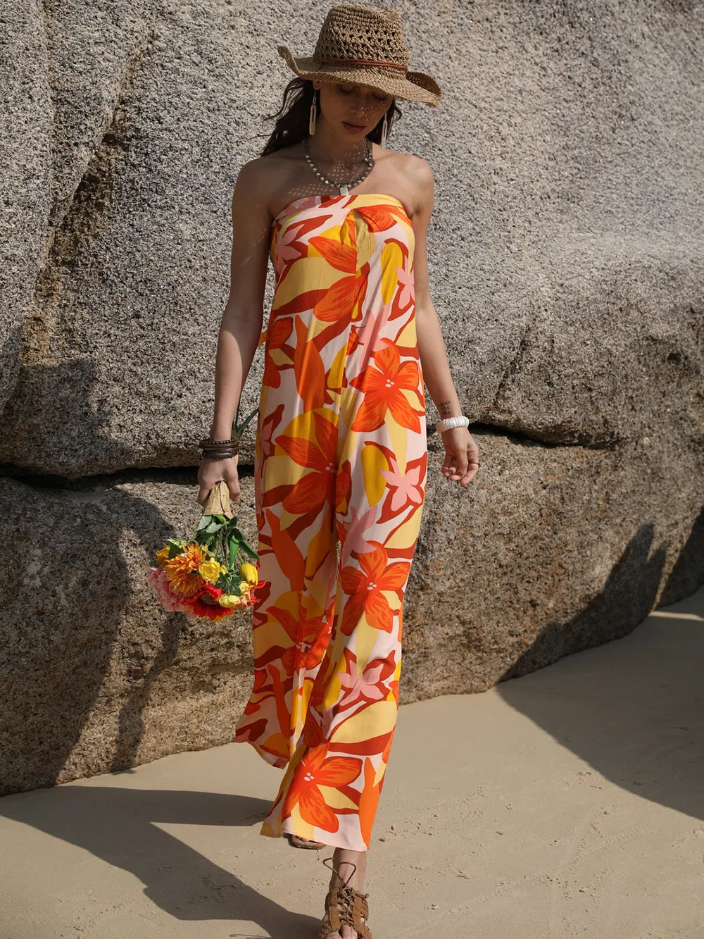 Tied Printed Tube Wide Leg Jumpsuit Trendsi