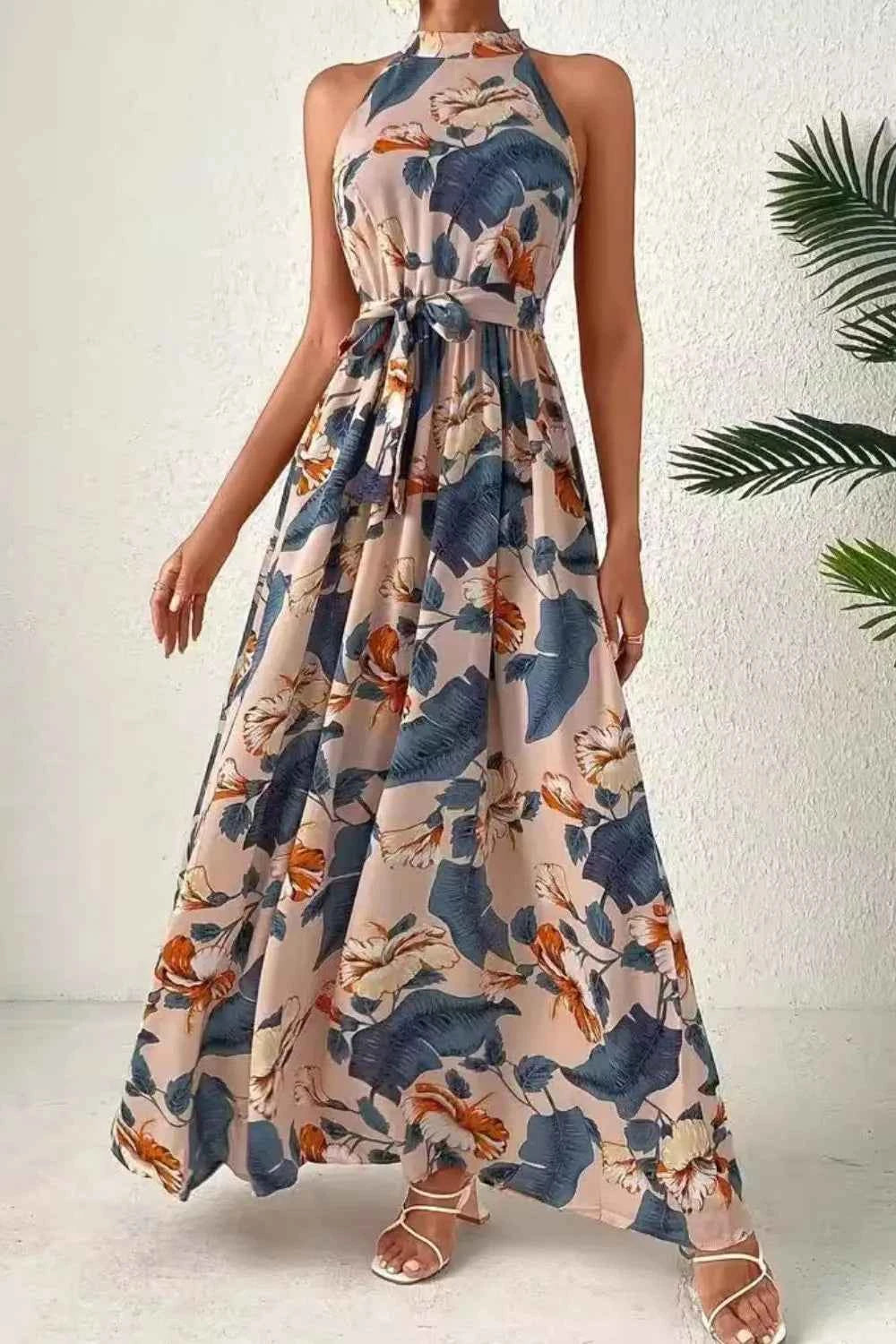 Tied Floral Sleeveless Dress Dusty Blue Trendsi