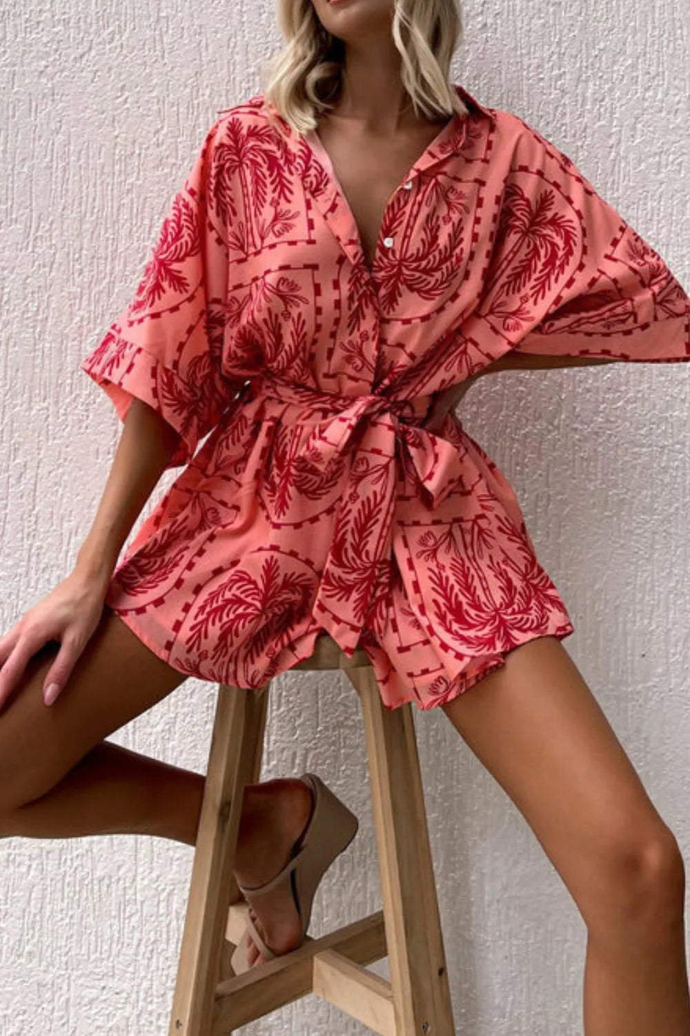 Printed Tie Waist Romper Trendsi