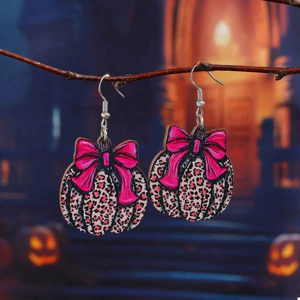 Halloween Pumpkin Leopard Print Bow Earrings - Festive Statement Jewelry Hot Pink onesize Trendsi
