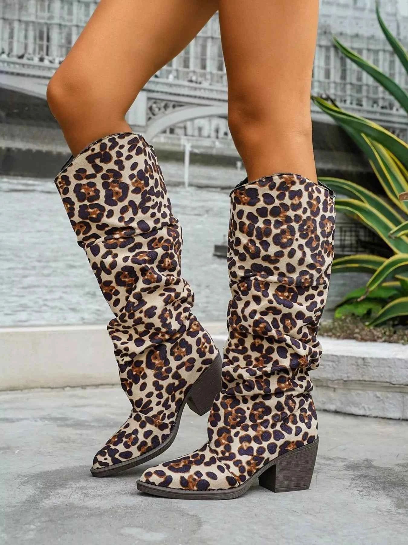 Leopard Point Toe Block Heels Boots Trendsi