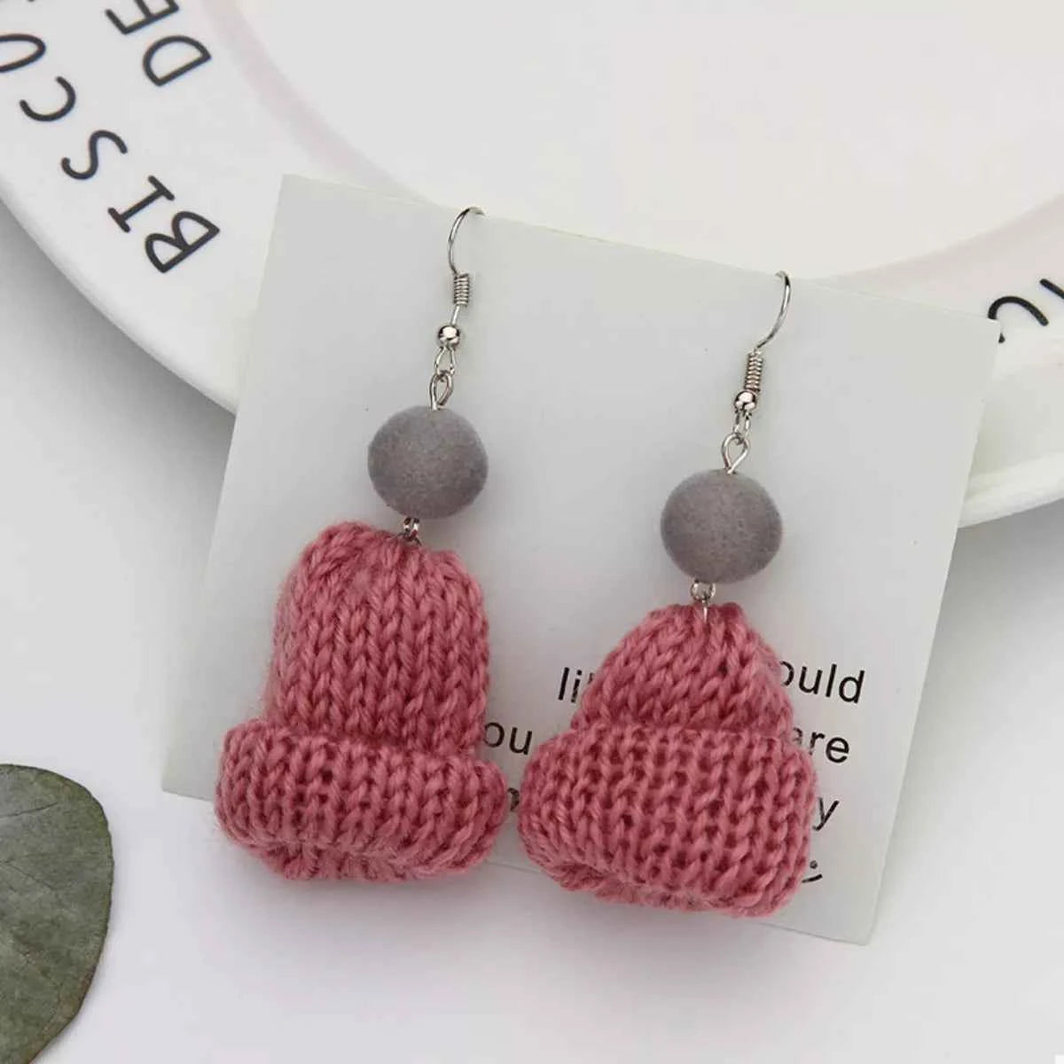 Christmas Knitted Beanie Earrings Dusty Pink onesize Trendsi