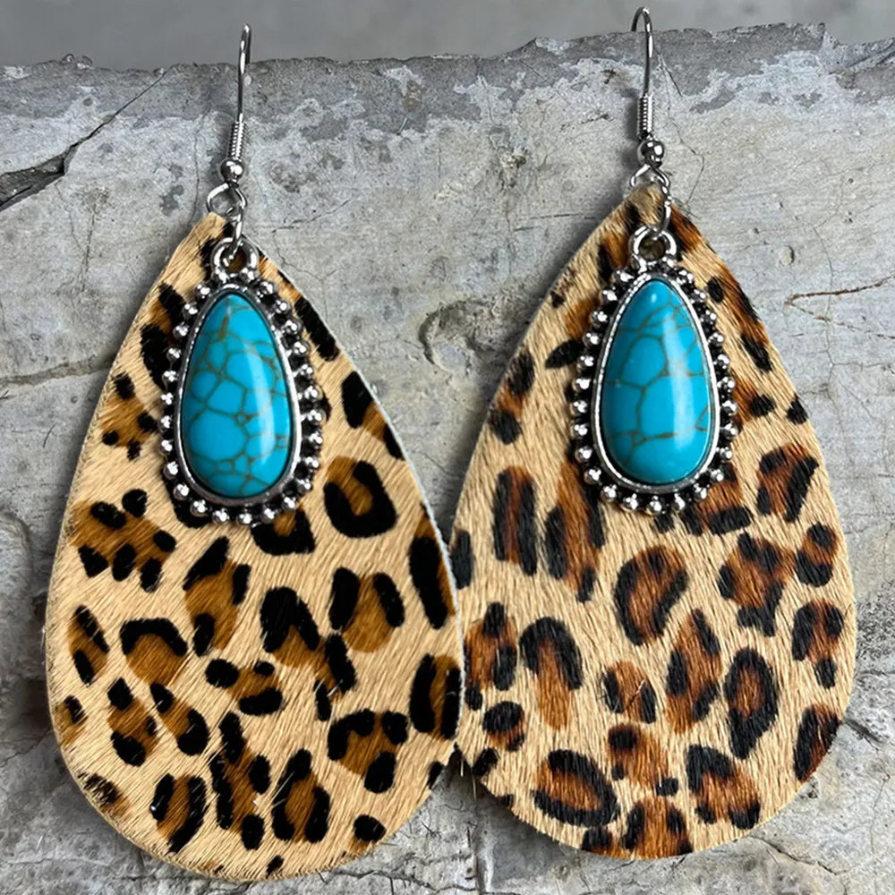 Artificial Turquoise Teardrop Earrings Leopard One Size Trendsi
