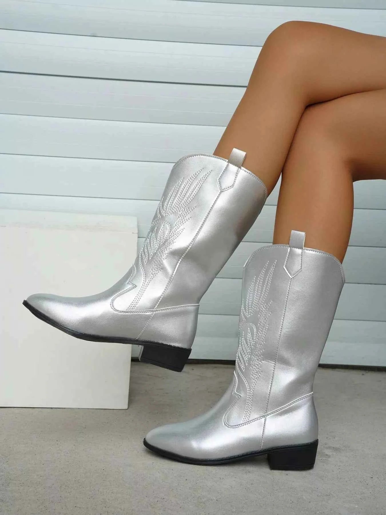 Embroidered Block Heels Boots Silver Trendsi