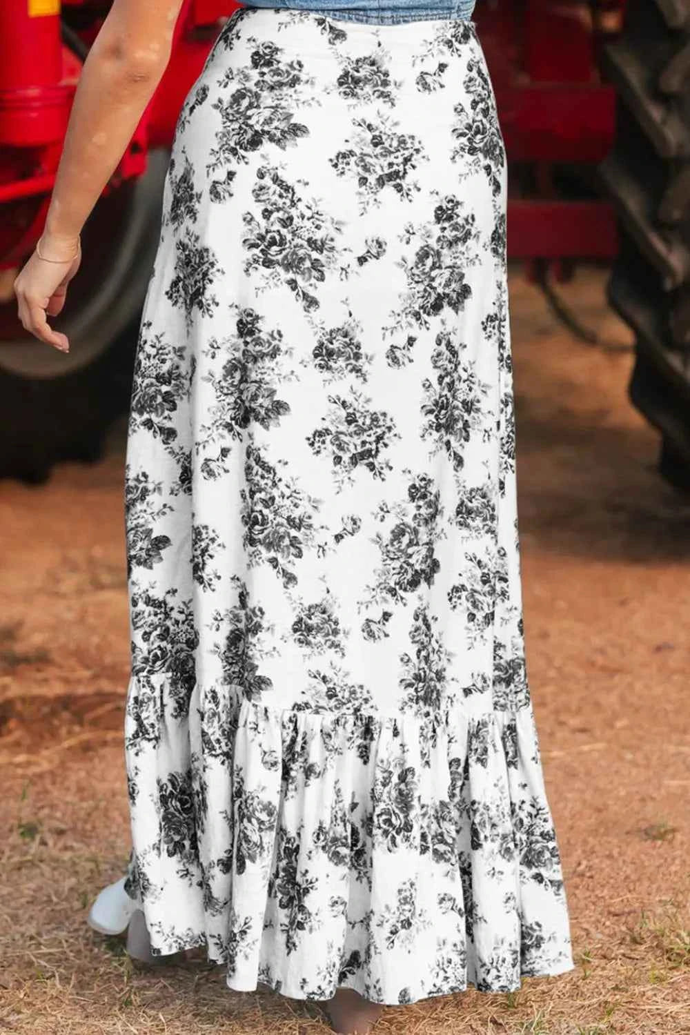 Boho Maxi Skirt with Floral Design and Ruffle Split Hem Trendsi