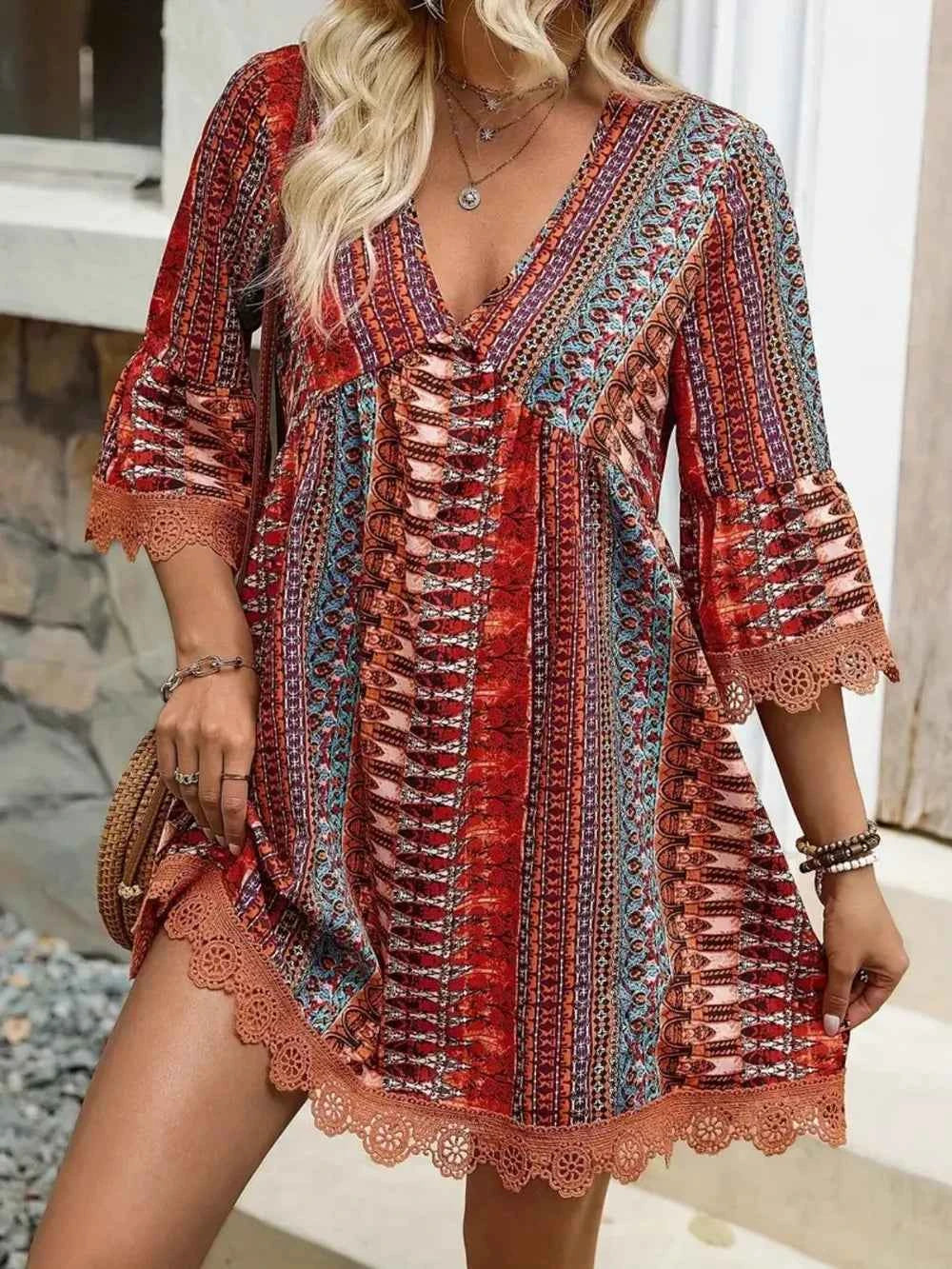 Lace Trim Printed V-Neck 3/4 Sleeve Dress Trendsi