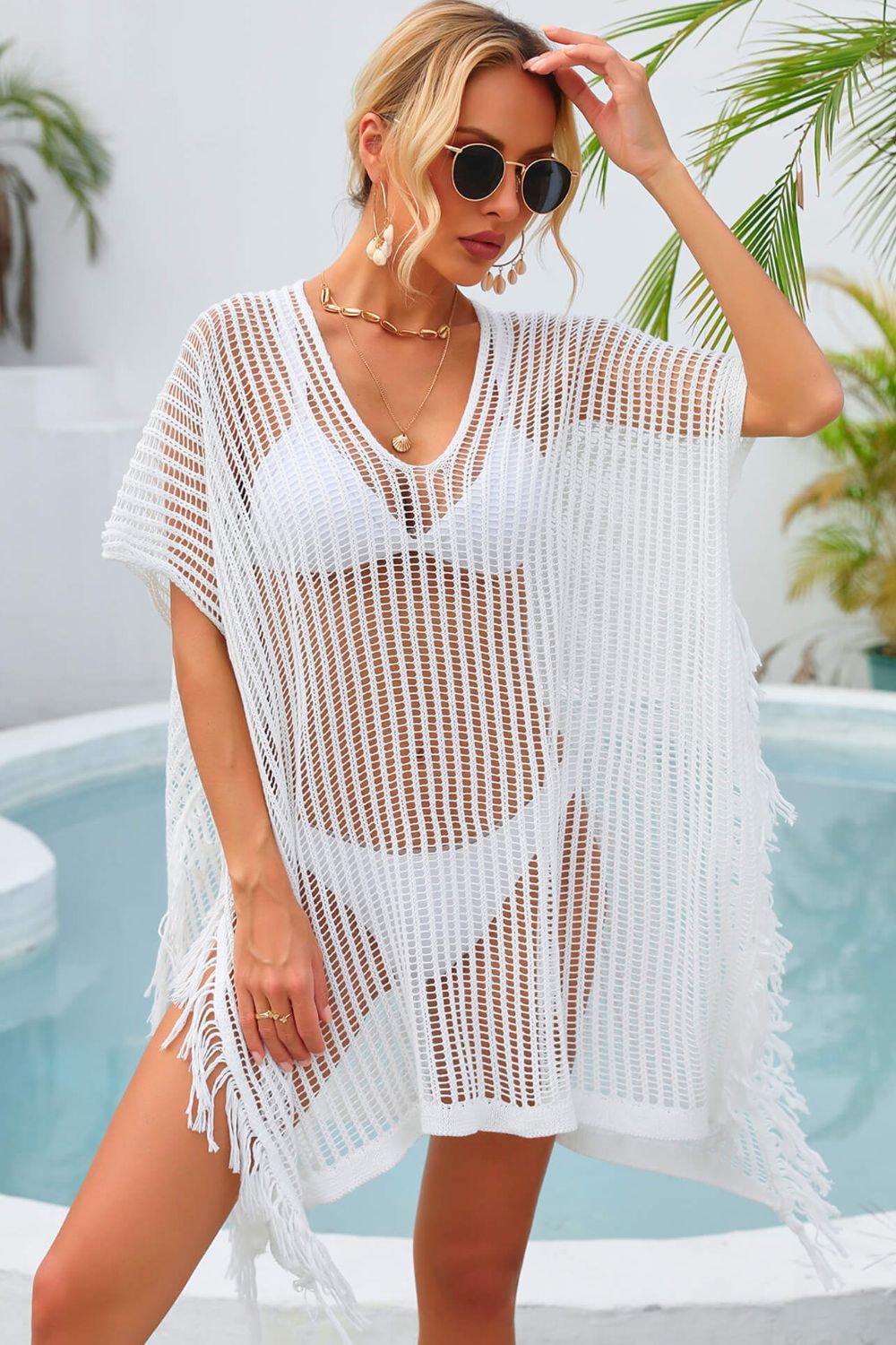 Angel Wings Fringe Trim Openwork Cover Up White One Size Trendsi